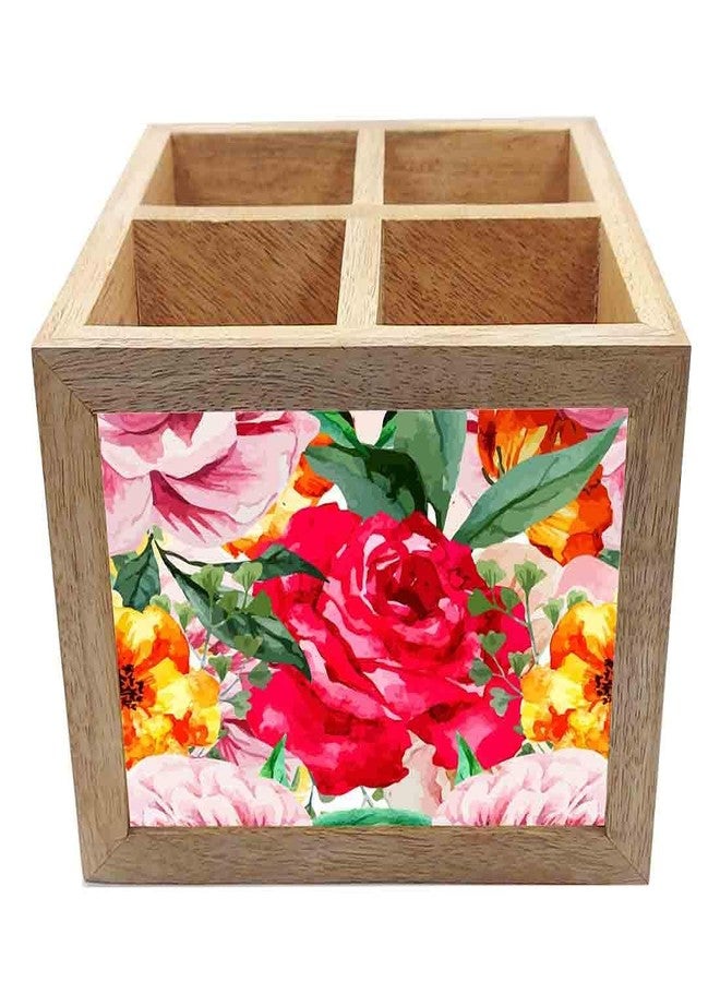 نتكيس حامل أدوات مائدة خشبي من نوتكيس، منظم ملاعق وشوك وسكاكين، مناسب لطاولة الطعام والمطبخ - صنع في الهند - الملاعق غير متضمنة - مزين بالورود - Image 4